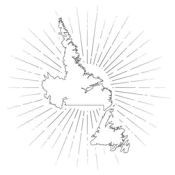 Newfoundland and Labrador map with sunbeams on white background Map of Newfoundland and Labrador created with a thin black outline and  light rays. Trendy and modern illustraion isolated on a blank background. Vector Illustration (EPS10, well layered and grouped). Easy to edit, manipulate, resize or colorize. newfoundland & labrador stock illustrations