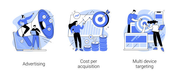 Online digital campaign abstract concept vector illustrations. Online digital campaign abstract concept vector illustration set. Advertising, cost per acquisition, multi device targeting, target audience, media planning, PPC strategy, promotion abstract metaphor. target acquisition stock illustrations