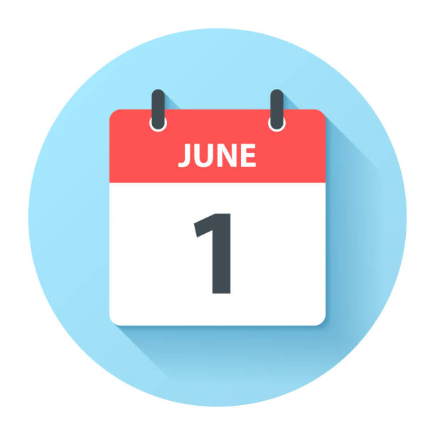 June 1 - Round Daily Calendar Icon in flat design style June 1. Round calendar Icon with long shadow in a Flat Design style. Daily calendar isolated on a blue circle. Vector Illustration (EPS10, well layered and grouped). Easy to edit, manipulate, resize or colorize. june stock illustrations