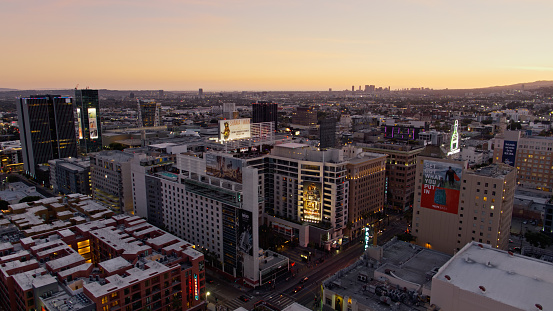 A west-facing view of Hollywood, California at dusk.