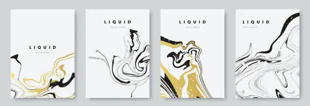Vector illustration of Abstract poster design with curves lines. Collection of gold and black liquid marble texture on white background. A4 size. Ideal for banner, flyer, invitation, cover, business card. Vector eps 10
