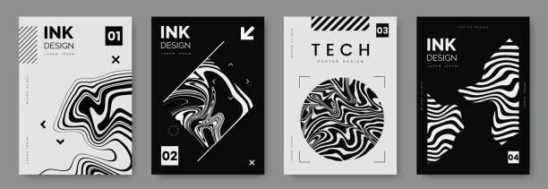 черно-белый дизайн плаката с жидкими и кривыми линиями, абстрактными геометрическими формами и местом для текста. футуристический набор об - striped pattern curve squiggle stock illustrations