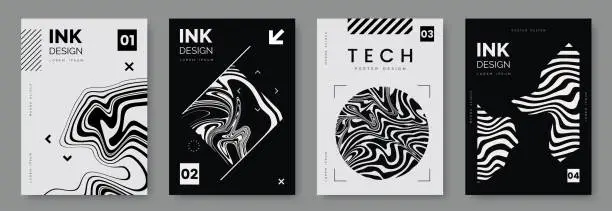 Vector illustration of Black and white poster design with liquid and curve lines, abstract geometric shapes and place for text. Futuristic cover set. A4 size. Ideal for banner, flyer, invitation, business card.