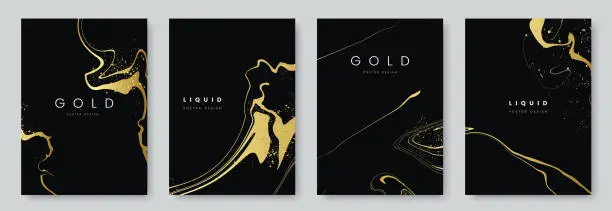 Vector illustration of Abstract minimalist poster collection with golden smooth thin ink lines on black background. luxury banner design. A4 size. Ideal for flyer, packaging, invitation, cover, business card. Vector eps 10