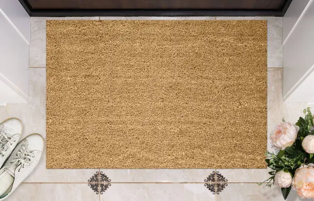 Photo of Coir Doormat before the door in apartments hall, product mock up