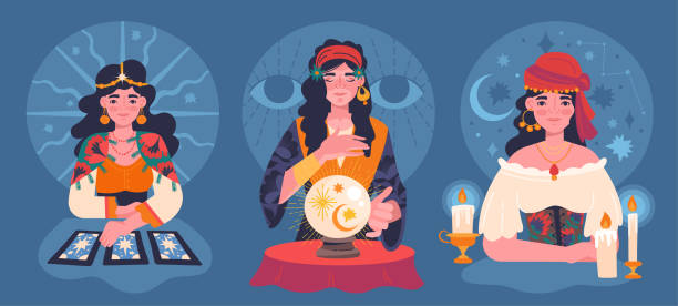 ilustraciones, imágenes clip art, dibujos animados e iconos de stock de conjunto de tres adivinos gitanas diferentes - fortune teller