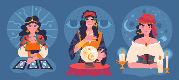 세 가지 다른 여성 집시 점쟁이의 세트 - fortune teller 이미지 stock illustrations