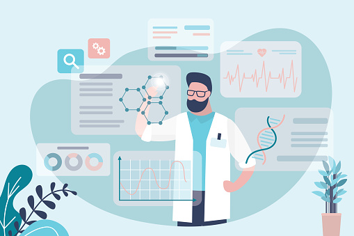 Scientist conducts pharmaceutical research. Pharmacist developing new drug. Various graphs and statistics before doctor. Concept of pharmaceutical, medicine and microbiology. Flat vector illustration