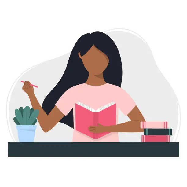 Vector illustration of Black woman writes in a notebook. Planning, studying, writing or reading concept. Flat style vector illustration.