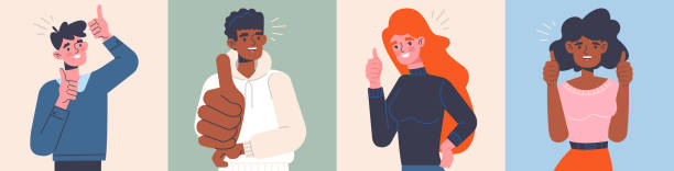 ilustrações de stock, clip art, desenhos animados e ícones de four positive successful people giving a thumbs up gesture - polegar ilustrações