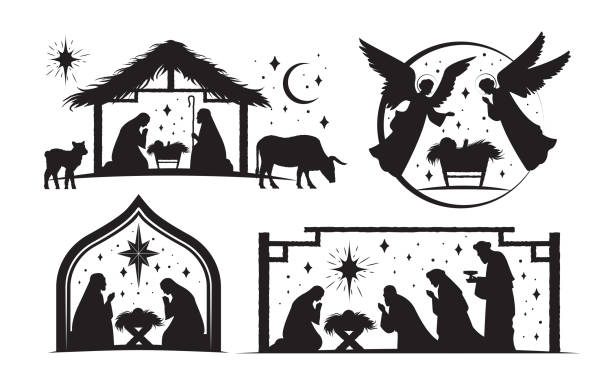 ilustraciones, imágenes clip art, dibujos animados e iconos de stock de conjunto de cuatro belenes silueteados para navidad - natividad