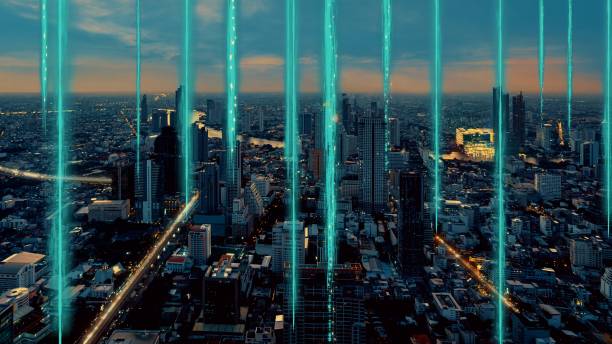 istock Smart digital city with globalization abstract graphic showing connection network 1304956143