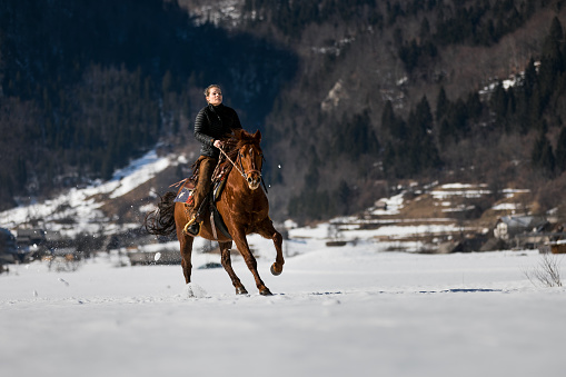 Young woman with brown horse at gallop on mountain outdoor