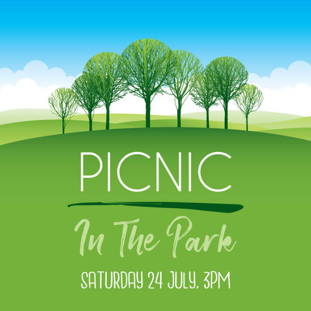 Picnic in the park poster Poster for a picnic party in the park with a landscape and trees picnic stock illustrations