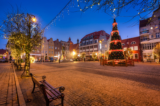 Grudziadz, Poland - 19 December, 2020: Beautiful christmas tree on the market squere of Grudziadz, Poland