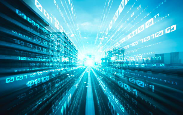 istock Digital data flow on road with motion blur to create vision of fast speed transfer 1304959252