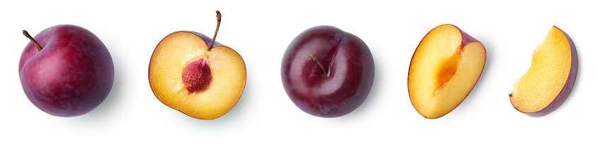Directly above plums fruit on white background