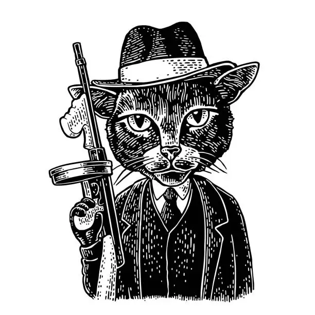 Vector illustration of Cat gentleman holding weapon and dressed in hat, suit, waistcoat. Engraving