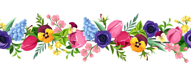 Horizontal seamless border with colorful flowers. Vector illustration. Vector horizontal seamless border with red, pink, blue, purple and yellow tulips, pansies, anemones, hyacinth and cherry flowers. pansy stock illustrations
