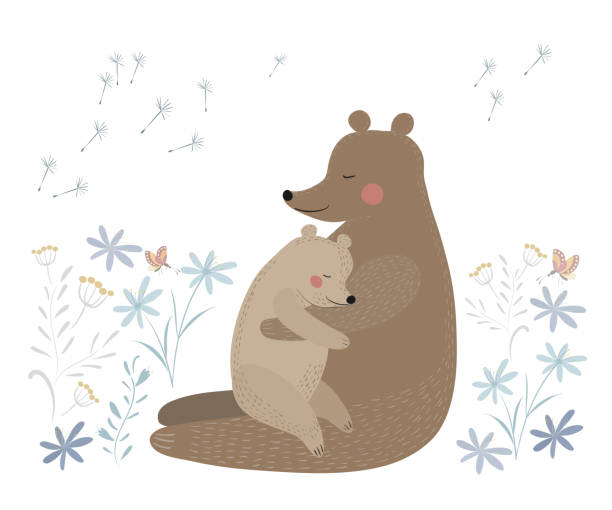 ilustraciones, imágenes clip art, dibujos animados e iconos de stock de lleva con su cachorro en flores. lindo oso con bebé. tarjeta del día de las madres. ilustración en estilo dibujado a mano aislado sobre un fondo blanco. - bear teddy bear characters hand drawn