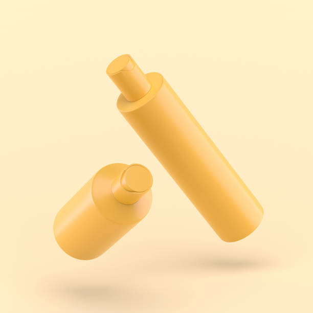 istock 3d simple shower bottle on pastel yellow background for soap shampoo sun. Minimal concept. 3d rendering 1304964903