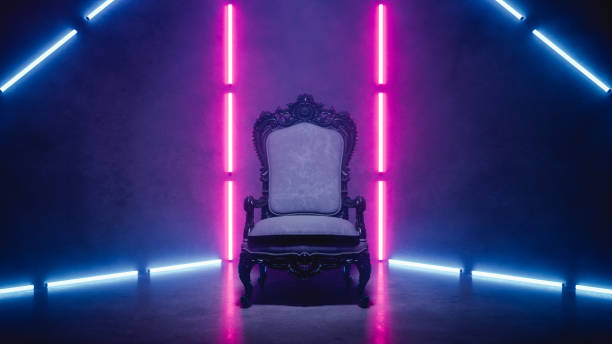 Armchair In Synthwave Style Stage Armchair in retro futuristic environment with pink and blue neon lights. throne stock pictures, royalty-free photos & images