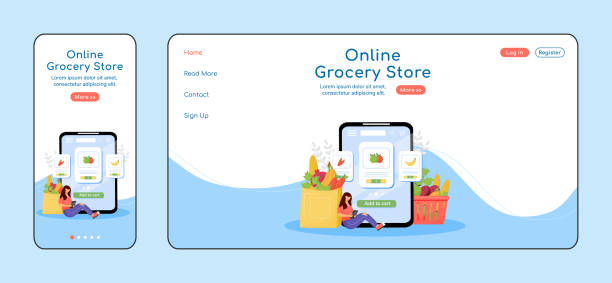 istock Online grocery store adaptive landing page flat color vector template. Internet order mobile and PC homepage layout. Fresh greens one page website UI. Fruits and veggies webpage cross platform design 1304966217
