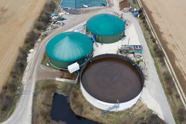 Biogas, biomass plant, aerial view.