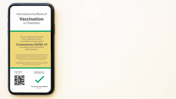 istock Flat lay with copy space, a smartphone with a Certificate of Vaccination against Covid-19 disease is arranged on a cream colored background. 1304974519