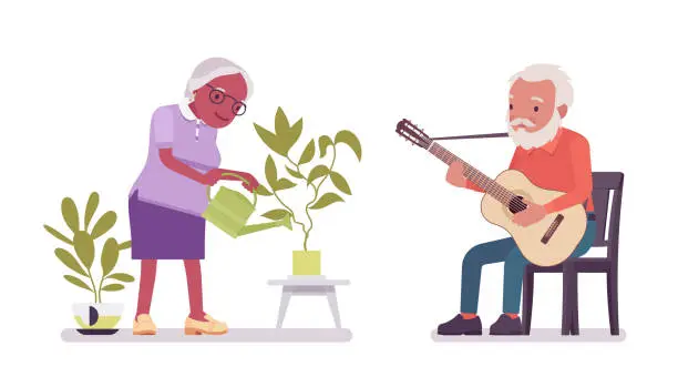 Vector illustration of Old man, woman elderly person watering home plant, playing guitar