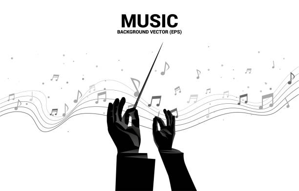 Vector silhouette of conductor hand with music melody note dancing flow . Concept background for classic music concert and recreation. conductor baton stock illustrations