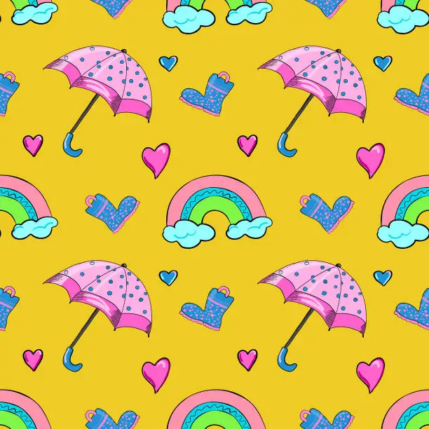 Vector illustration of seamless vector pattern with umbrella, rainboots, rainbow and hearts on the yellow background