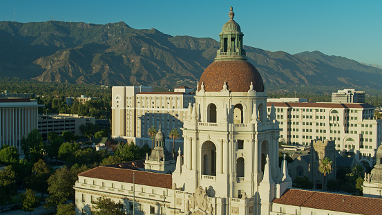 An aerial drone view of Pasadena City Hall during the day.