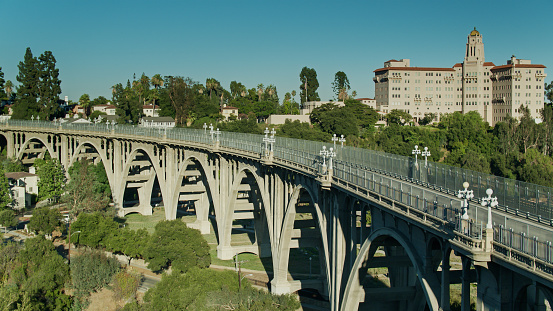 The United States Court of Appeals building looks over the Colorado Street Bridge in Pasadena, California.