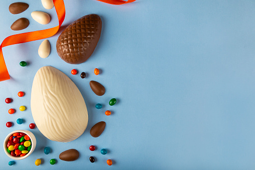 Easter eggs on colorful background. view from the top.