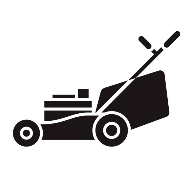 Lawn Mower Gardening Glyph Icon A black glyph icon on a transparent background. You can place onto any coloured background (no white box behind icon). File is built in CMYK for optimal printing with a 100% black fill. lawn mower clip art stock illustrations