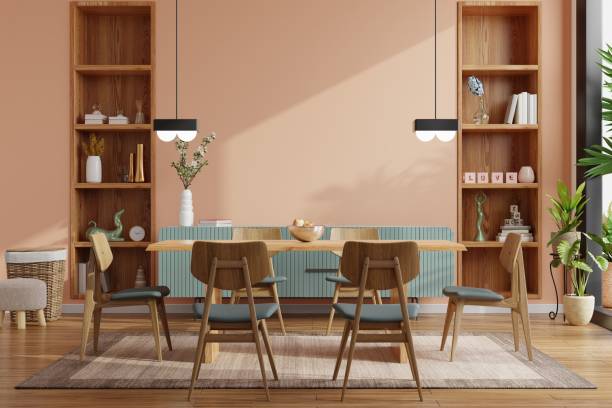 istock Modern dining room interior design with dark cream color wall. 1304993225