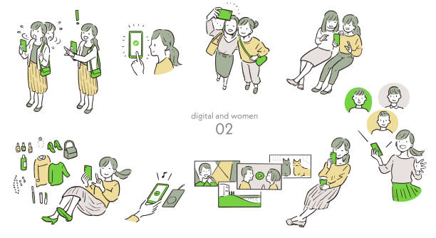 스마트폰, pc, 디지털2를 즐기는 여성 - 사진 촬영 이미지 캡처 일러스트 stock illustrations