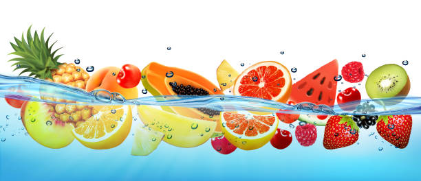 istock Fresh papaya and different berries and fruit in transparent water and oxygen bubbles. Vector illustration 1304994259