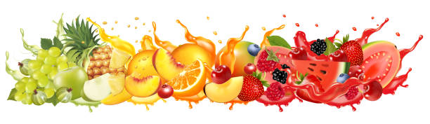 frucht im saft spritzer panorama. erdbeere, himbeere, heidelbeere, brombeere, orange, guave, wassermelone, ananas, mango, pfirsich. vektor. - blackberry blueberry raspberry fruit stock-grafiken, -clipart, -cartoons und -symbole