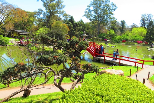 Buenos Aires, Argentina -September 25 , 2019.People on the Taiko Bashi Bridge at the public park in Palermo district. Japanese Garden in capital city.