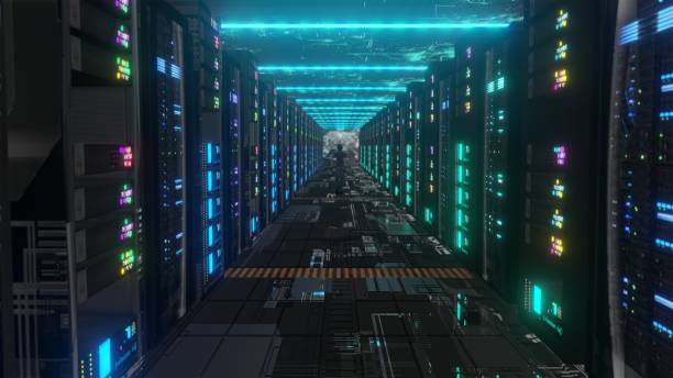 istock woman Moving Through Data Center with Server Racks LED Lights 1304998042