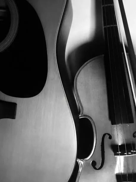 Black and White Image of a Guitar and Violin.