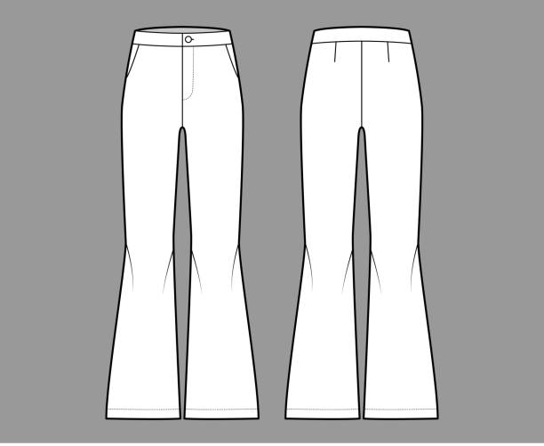 Pants bell-bottom technical fashion illustration with normal waist, high rise, slant pockets, wide legs, full length Pants bell-bottom technical fashion illustration with normal waist, high rise, slant pockets, wide legs. Flat bottom trousers apparel template front, back, white color. Women, men, unisex CAD mockup flare pants stock illustrations