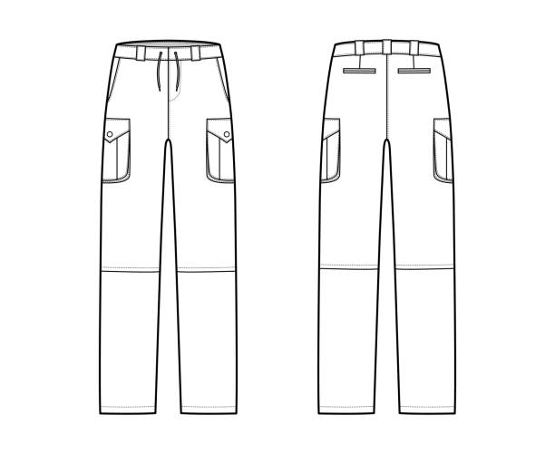 зип-офф кабриолет брюки техническая иллюстрация моды с низкой талией, высокий рост, коробка грузовой струи карманы, шнурок - зип stock illustrations