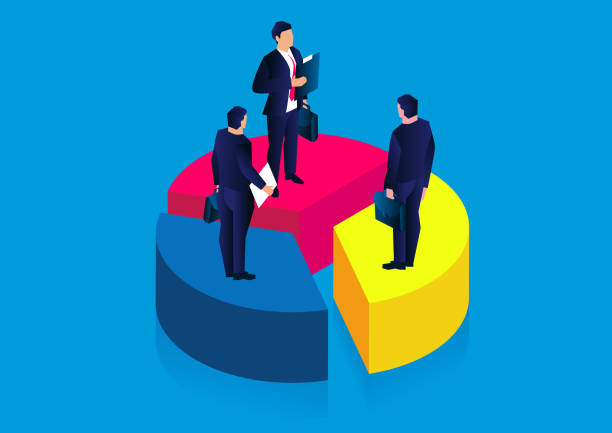 Isometric businessmen standing separately on a segmented pie chart, the concept of market profit and market share Isometric businessmen standing separately on a segmented pie chart, the concept of market profit and market share shareholder stock illustrations