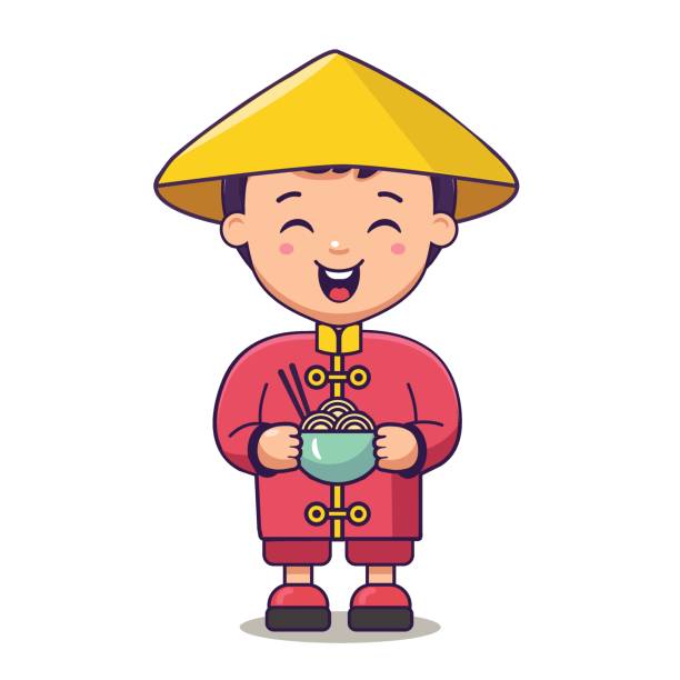 illustrations, cliparts, dessins animés et icônes de homme chinois dans le chapeau de paille avec le bol des nouilles - asian cuisine food asian ethnicity vietnamese cuisine
