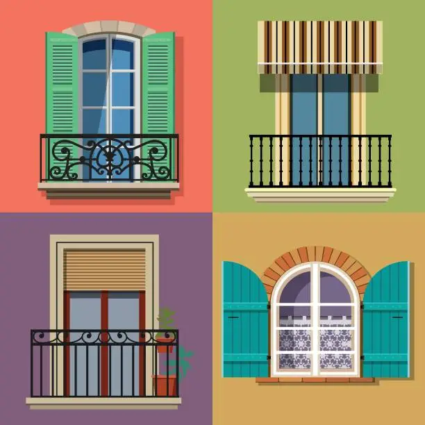 Vector illustration of set of european windows with flowers, shutters, curtains