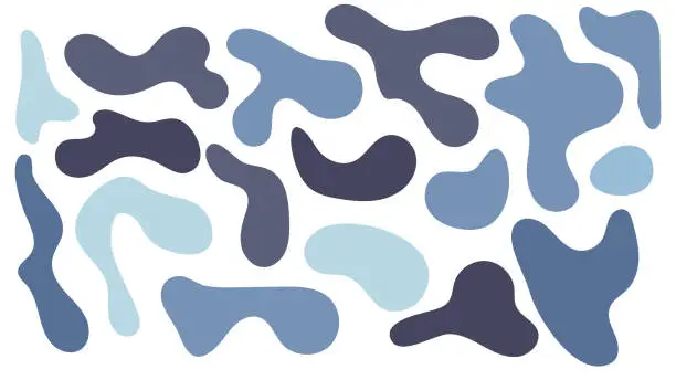 Vector illustration of Blue irregular blob, set of abstract organic shapes. Abstract irregular random blobs. Simple liquid amorphous splodge. Trendy minimal designs for presentations, banners, posters and flyers