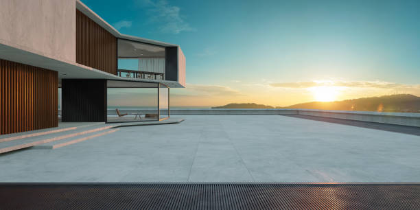 istock Empty cement floor with steel and modern building exterior. 3d 1305012494